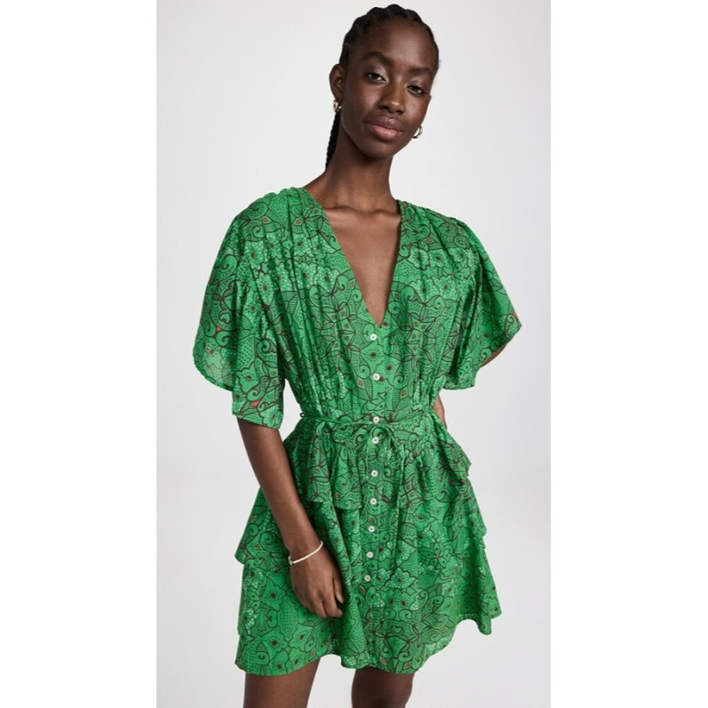 Ro's Garden Green Dulce Dress Tiered Butterfly Sleeve Ruffle Button Up V Neck XL